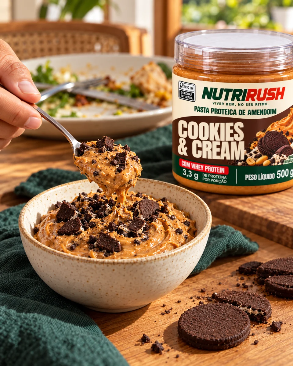 Mão servindo pasta Cookies & Cream de 500 g como sobremesa